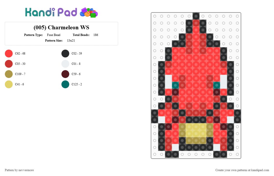(005) Charmeleon WS - Fuse Bead Pattern by nevvermore on Kandi Pad - red,pokemon,charmeleon,fire pokemon,starter pokemon,gen 1,kanto