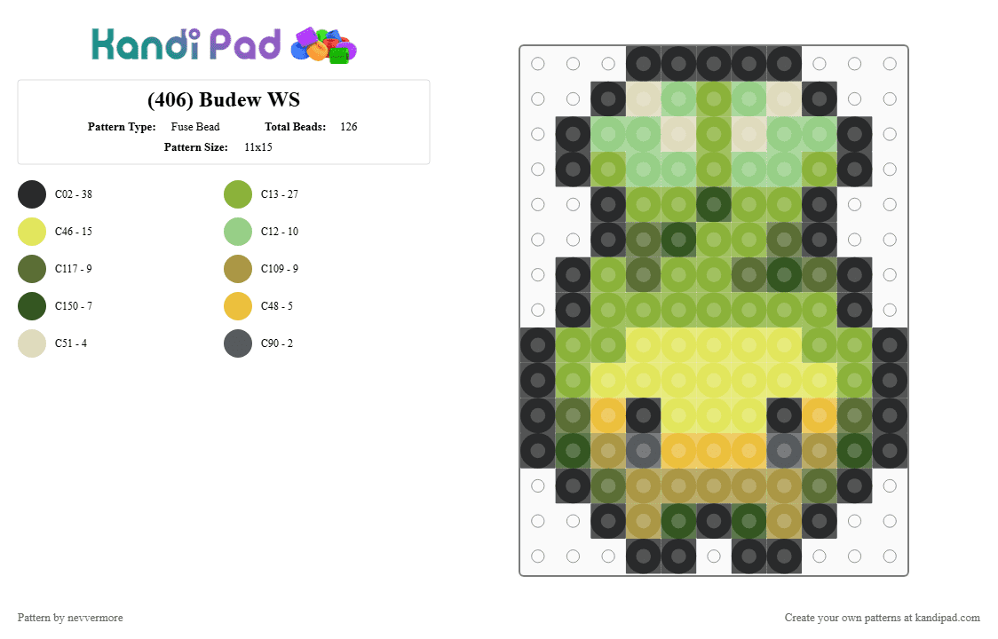 (406) Budew WS - Fuse Bead Pattern by nevvermore on Kandi Pad - green,gold,yellow,budew,pokemon,grass pokemon,poison pokemon,gen 4,sinnoh