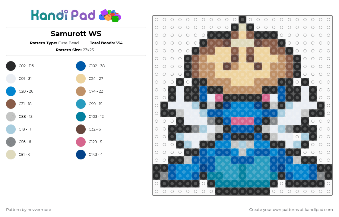 (504) Samurott WS - Fuse Bead Pattern by nevvermore on Kandi Pad - beige,tan,light blue,blue,samurott,water pokemon,pokemon,starter pokemon,gen 5,unova