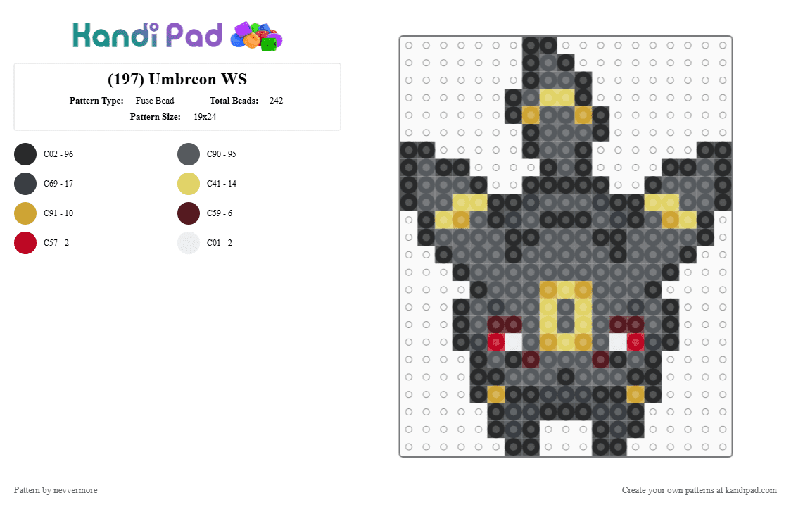 (197) Umbreon WS - Fuse Bead Pattern by nevvermore on Kandi Pad - black,gray,umbreon,pokemon,dark pokemon,eeveelution,johto,gen 2