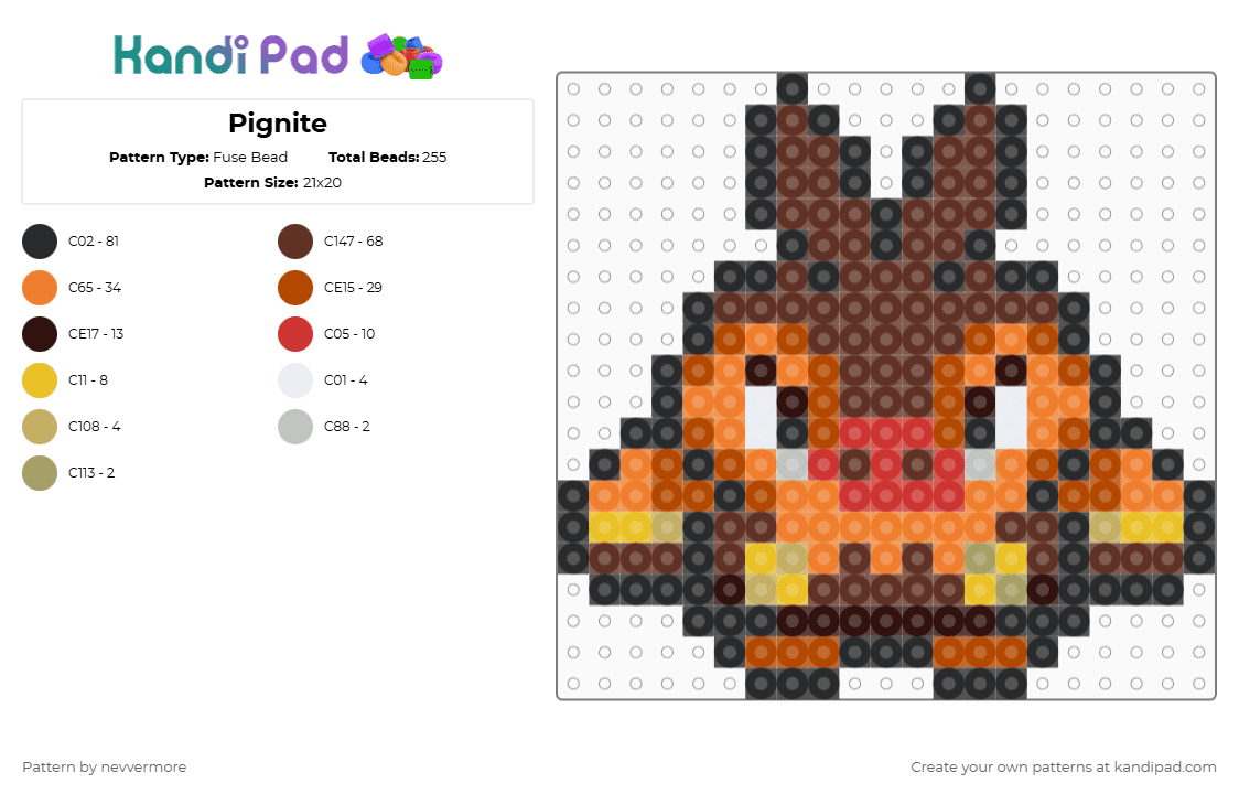 Pignite WS - Fuse Bead Pattern by nevvermore on Kandi Pad - brown,red,orange,fire pokemon,pignite,pokemon,starter pokemon,unova,gen 5