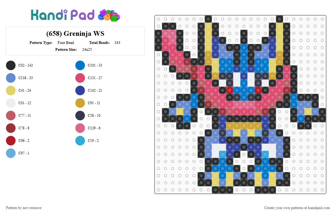 (658) Greninja WS - Fuse Bead Pattern by nevvermore on Kandi Pad - black,purple,blue,red,greninja,pokemon,gen 6,kalos,starter pokemon,water pokemon,dark pokemon