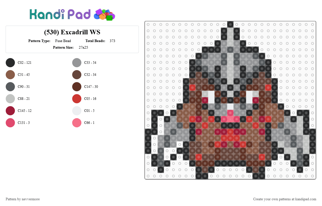 (530) Excadrill WS - Fuse Bead Pattern by nevvermore on Kandi Pad - gray,brown,excadrill,pokemon,ground pokemon,steel pokemon,gen 5,unova