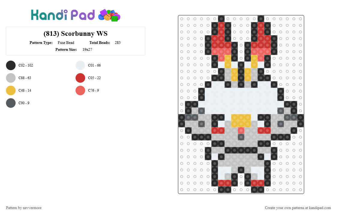 (813) Scorbunny WS - Fuse Bead Pattern by nevvermore on Kandi Pad - red,beige,pokemon,scorbunny,fire pokemon,starter pokemon,gen 8,galar