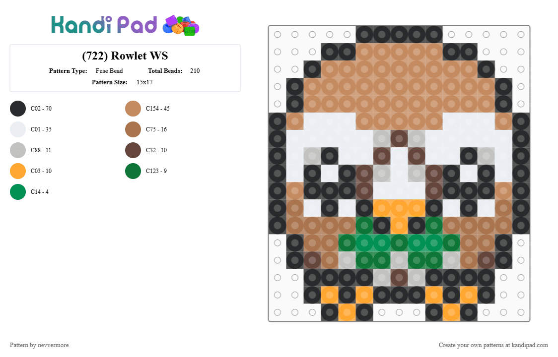 (722) Rowlet WS - Fuse Bead Pattern by nevvermore on Kandi Pad - tan,pokemon,grass pokemon,flying pokemon,starter pokemon,rowlet,alola,gen 7