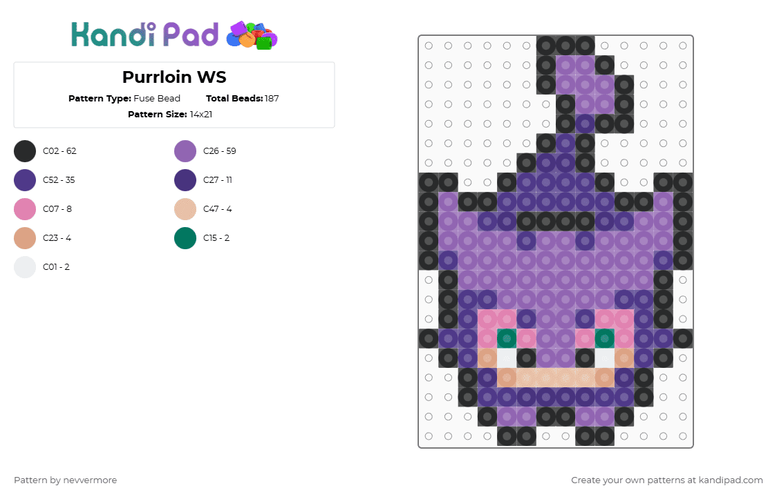 (509) Purrloin WS - Fuse Bead Pattern by nevvermore on Kandi Pad - purple,pink,purrloin,dark pokemon,cat,unova,gen 5