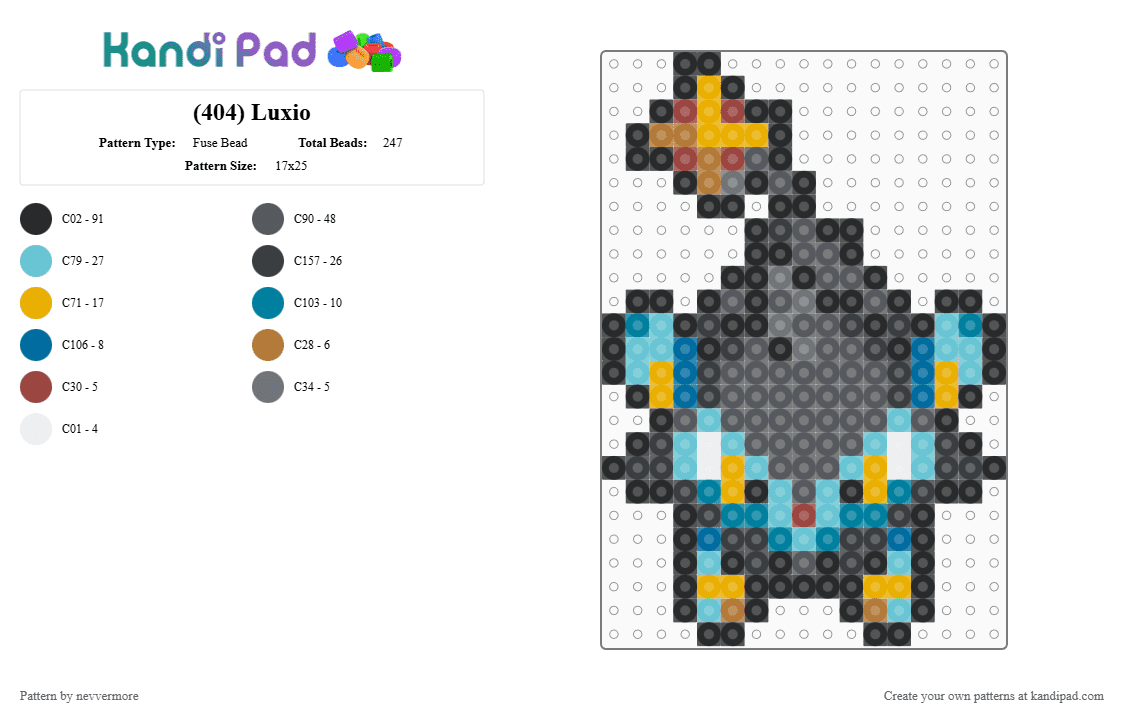 (404) Luxio - Fuse Bead Pattern by nevvermore on Kandi Pad - black,orange,gray,light blue,luxio,pokemon,electric pokemon,cat,gen 4,sinnoh