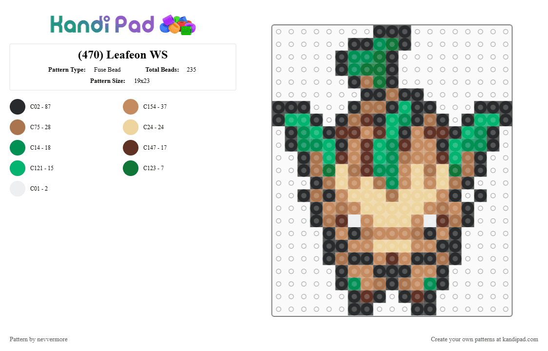 (470) Leafeon WS - Fuse Bead Pattern by nevvermore on Kandi Pad - green,tan,leafeon,grass pokemon,eeveelution,gen 4,sinnoh,pokemon