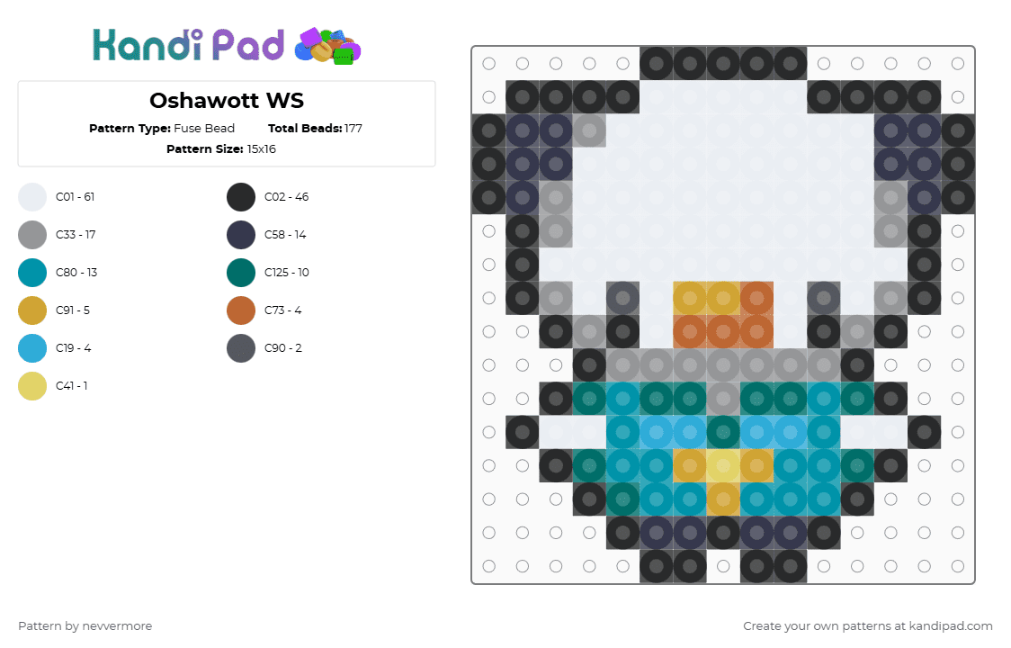 (501) Oshawott WS - Fuse Bead Pattern by nevvermore on Kandi Pad - white,gray,purple,teal,oshawott,pokemon,water pokemon,starter pokemon,gen 5,unova