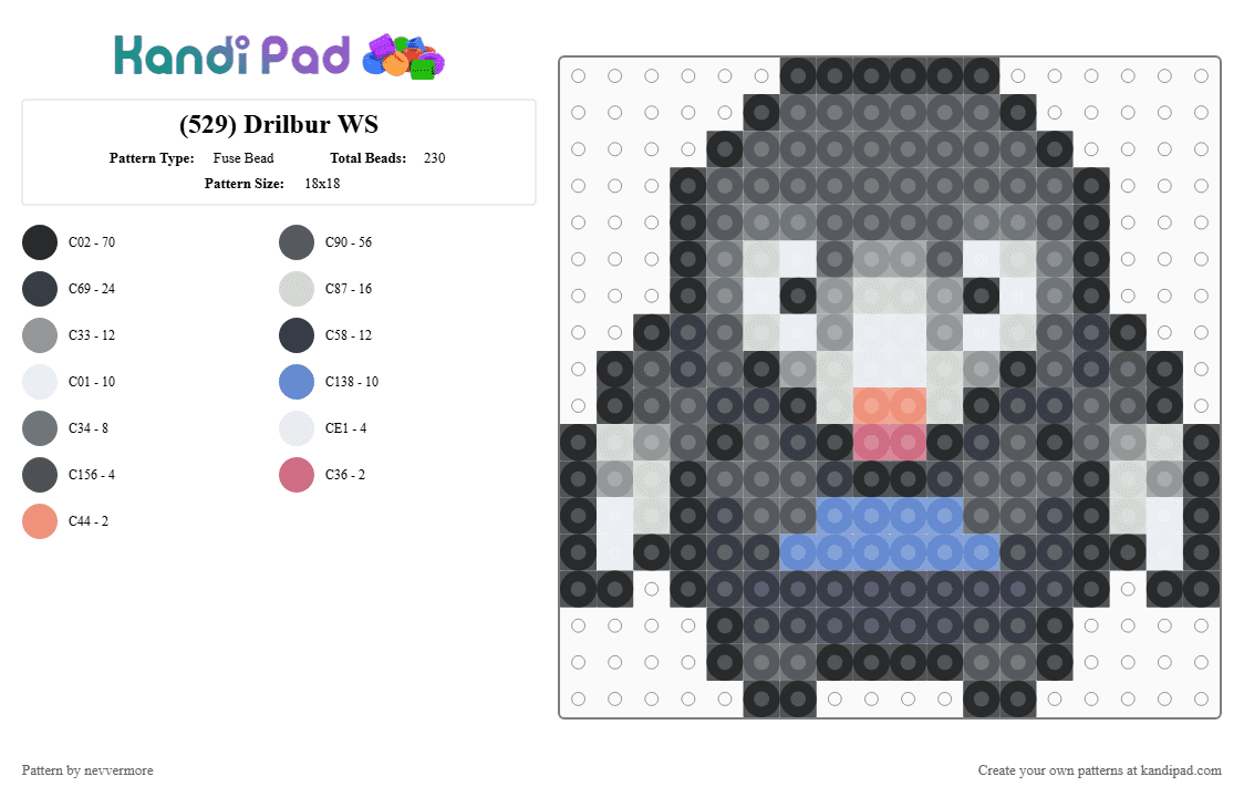 (529) Drilbur WS - Fuse Bead Pattern by nevvermore on Kandi Pad - gray,drilbur,pokemon,ground pokemon,gen 5,unova