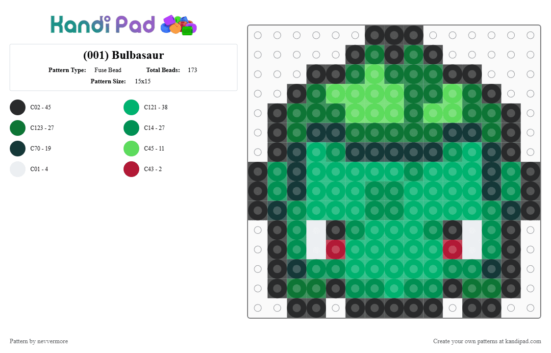 (001) Bulbasaur - Fuse Bead Pattern by nevvermore on Kandi Pad - green,bulbasaur,pokemon,grass pokemon,starter pokemon,gen 1,kanto