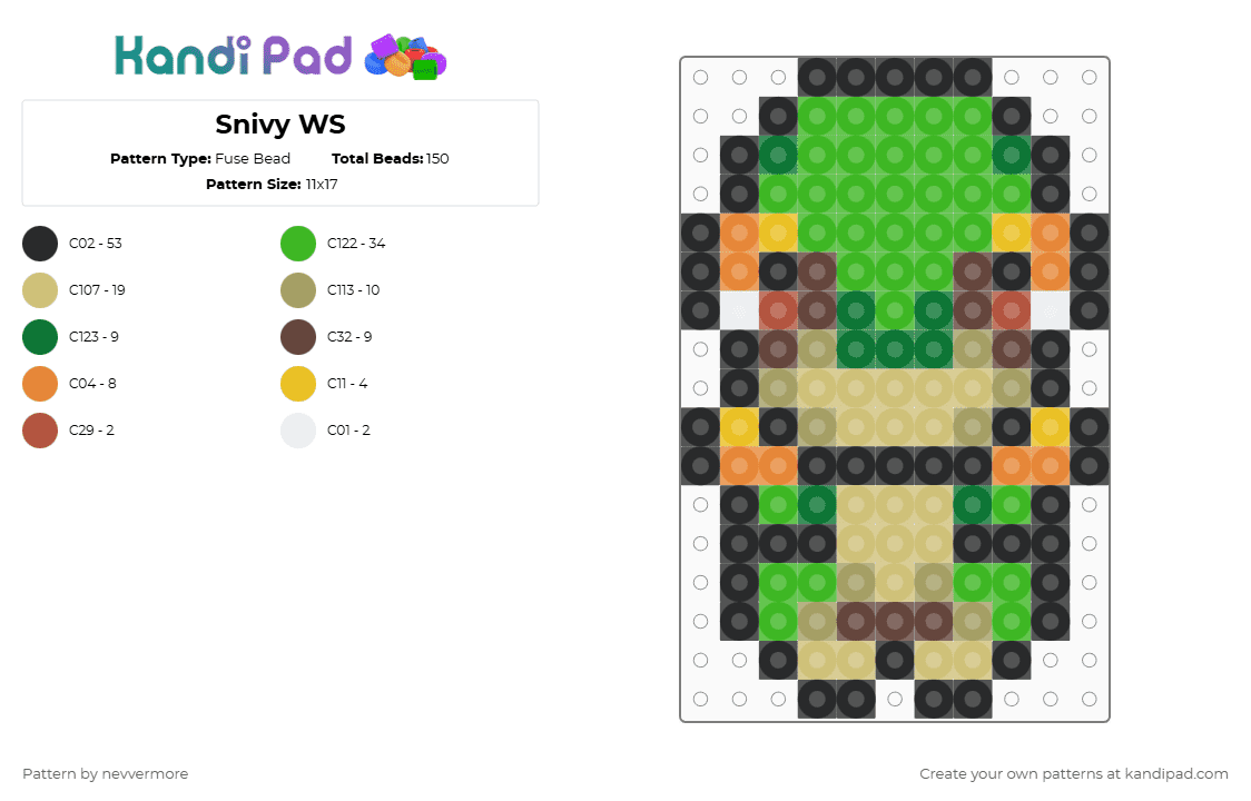(495) Snivy WS - Fuse Bead Pattern by nevvermore on Kandi Pad - green,beige,snivy,grass pokemon,pokemon,starter pokemon,gen 5,unova