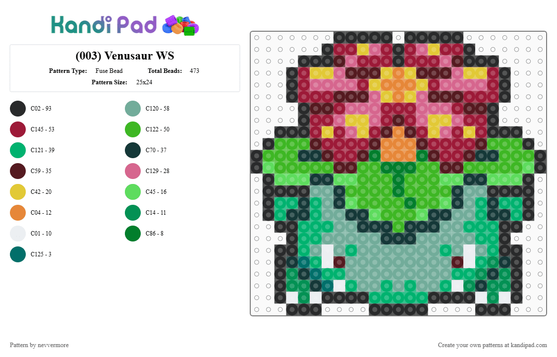 (003) Venusaur WS - Fuse Bead Pattern by nevvermore on Kandi Pad - teal,green,red,venusaur,pokemon,gen 1,kanto,poison pokemon,grass pokemon,starter pokemon