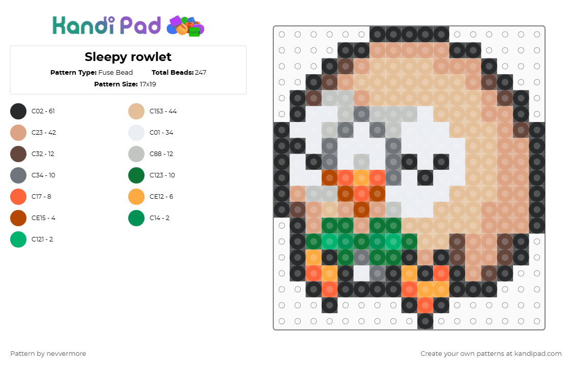 Sleepy rowlet - Fuse Bead Pattern by nevvermore on Kandi Pad - beige