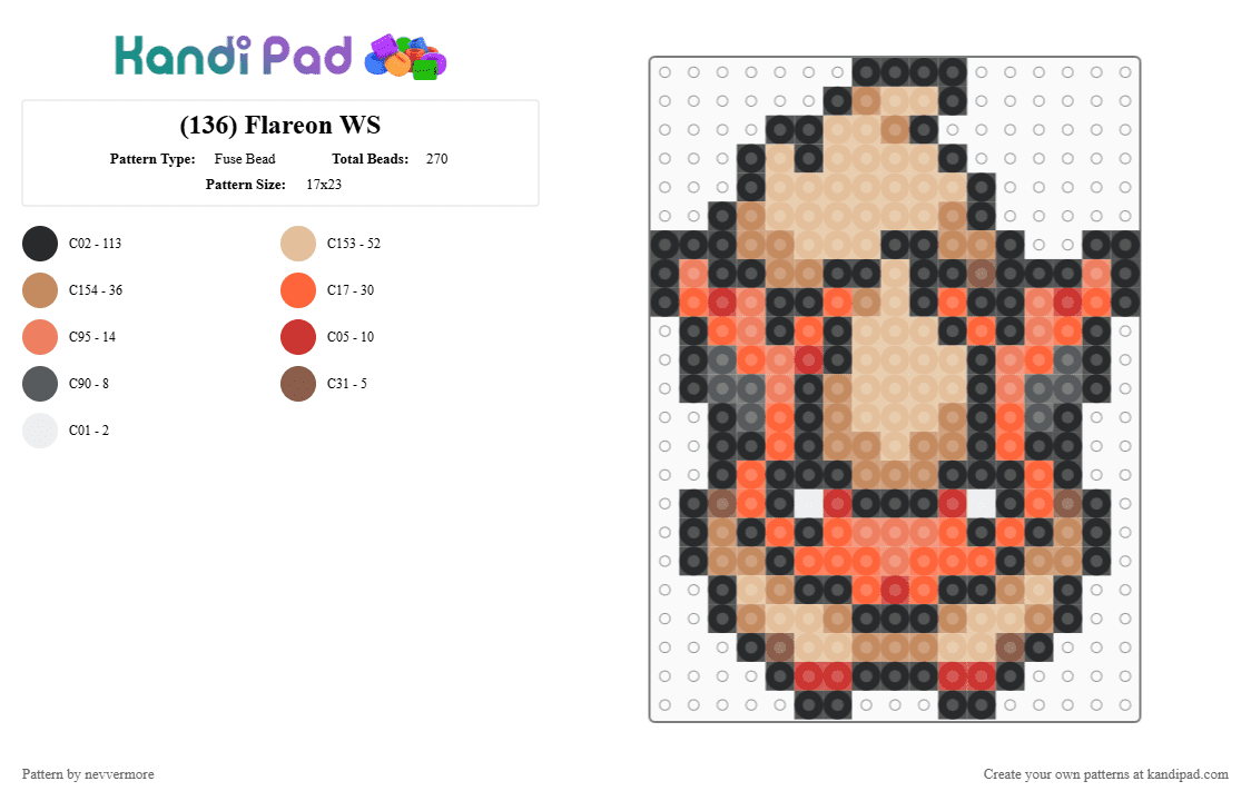 (136) Flareon WS - Fuse Bead Pattern by nevvermore on Kandi Pad - tan,beige,orange,flareon,pokemon,fire pokemon,eeveelution,gen 1,kanto