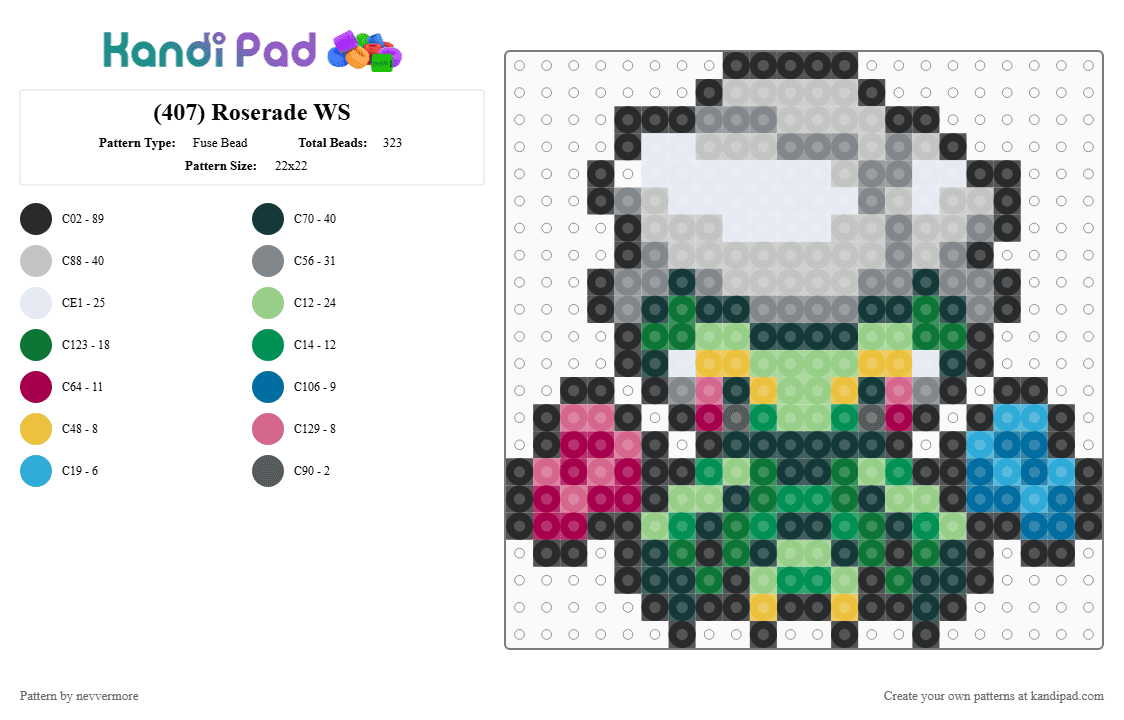 (407) Roserade WS - Fuse Bead Pattern by nevvermore on Kandi Pad - black,gray,beige,teal,colorful,roserade,pokemon,grass pokemon,poison pokemon,gen 4,sinnoh
