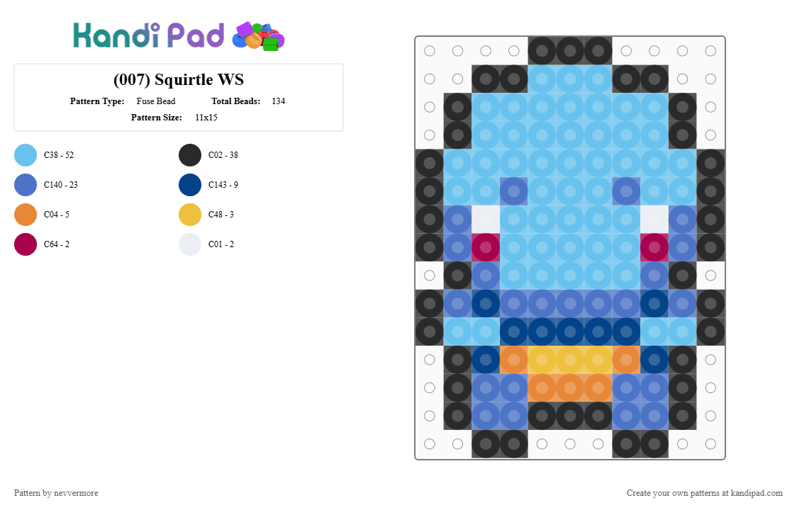(007) Squirtle WS - Fuse Bead Pattern by nevvermore on Kandi Pad - light blue,blue,squirtle,water pokemon,pokemon,starter pokemon,kanto,gen 1