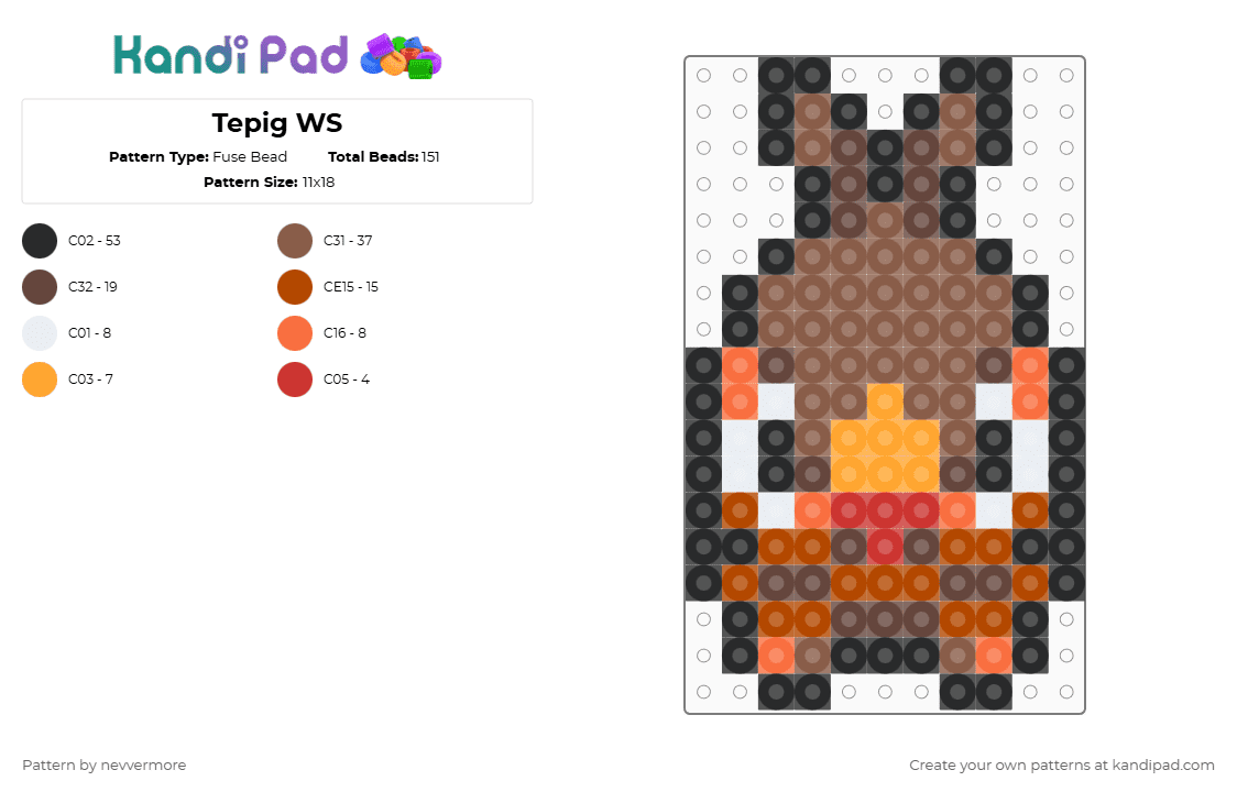 (498) Tepig WS - Fuse Bead Pattern by nevvermore on Kandi Pad - tan,tepig,pokemon,fire pokemon,starter pokemon,gen 5,unova