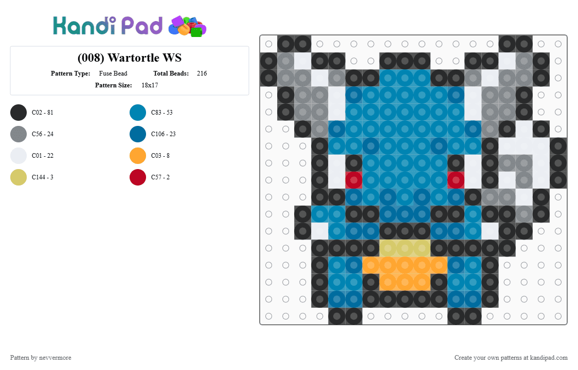 (008) Wartortle WS - Fuse Bead Pattern by nevvermore on Kandi Pad - gray,light blue,blue,pokemon,wartortle,water pokemon,starter pokemon,gen 1,kanto