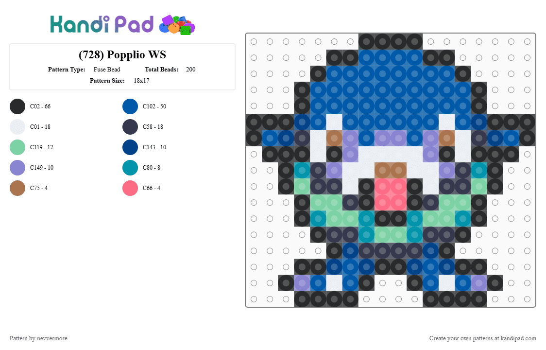 (728) Popplio WS - Fuse Bead Pattern by nevvermore on Kandi Pad - blue,popplio,pokemon,water pokemon,starter pokemon,gen 7,alola