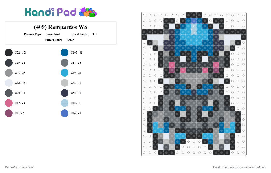 (409) Rampardos WS - Fuse Bead Pattern by nevvermore on Kandi Pad - black,gray,blue,rampardos,pokemon,rock pokemon,fossil,fossil pokemon,sinnoh,gen 4