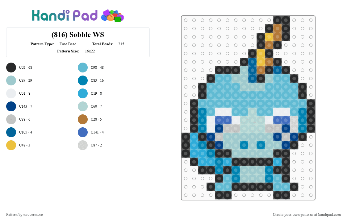 (816) Sobble WS - Fuse Bead Pattern by nevvermore on Kandi Pad - light blue,pokemon,sobble,water pokemon,starter pokemon,gen 8,galar