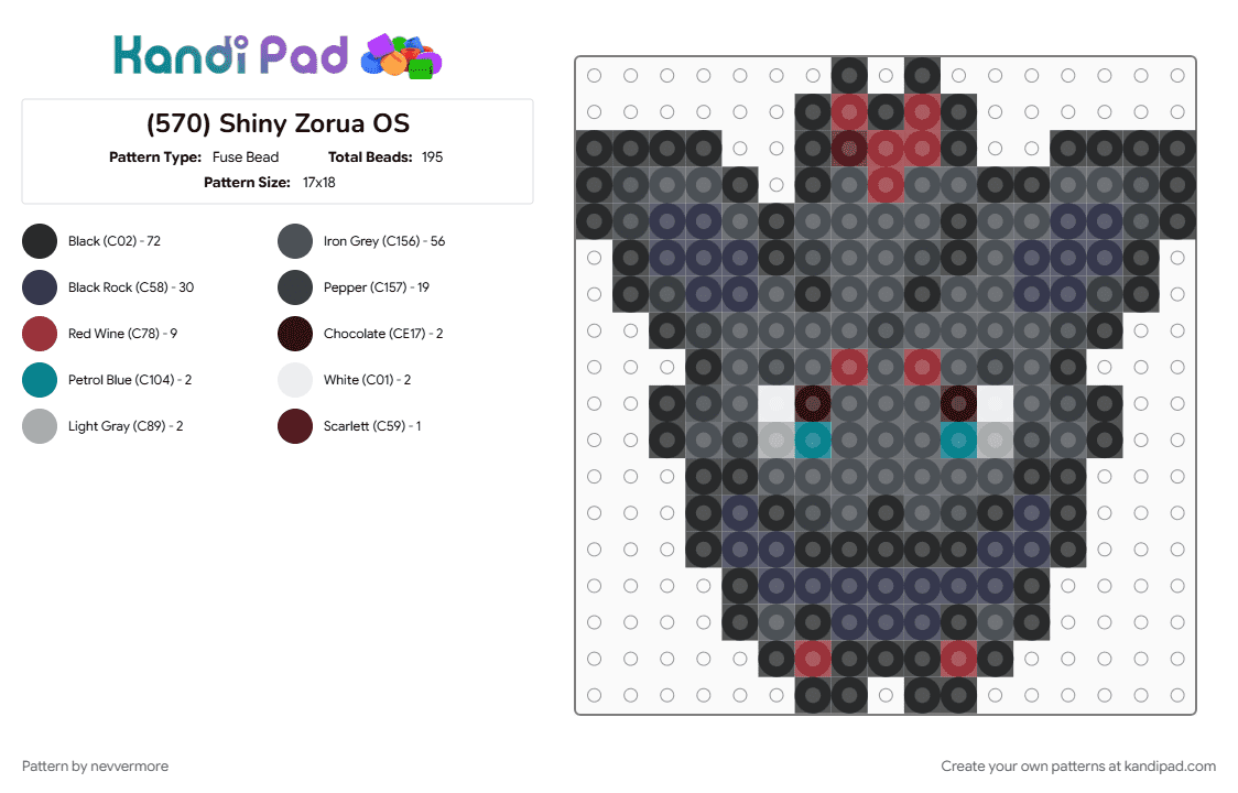 (570) Shiny Zorua OS - Fuse Bead Pattern by nevvermore on Kandi Pad - black, dark pokemon, gen 5, pokemon, purple, shiny, shiny pokemon, unova, zorua