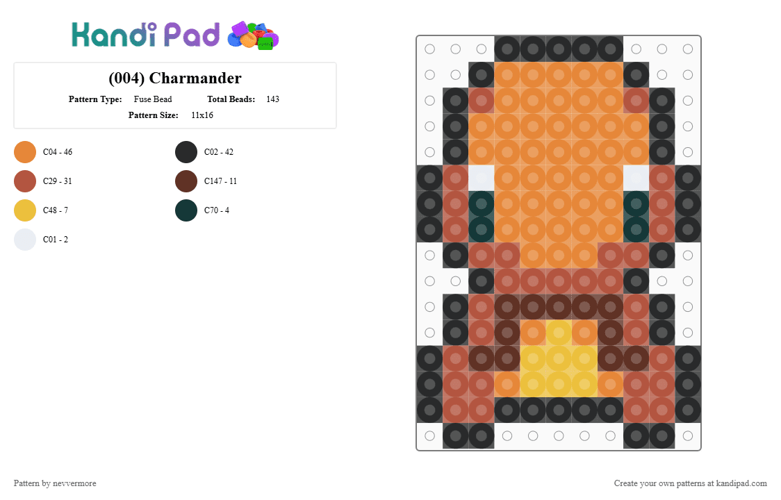 (004) Charmander - Fuse Bead Pattern by nevvermore on Kandi Pad - orange,red,charmander,pokemon,gen 1,kanto,fire pokemon,starter pokemon