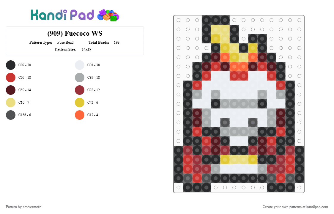 (909) Fuecoco WS - Fuse Bead Pattern by nevvermore on Kandi Pad - yellow,brown,red,gray,fuecoco,pokemon,starter pokemon,fire pokemon,gen 9,paldea