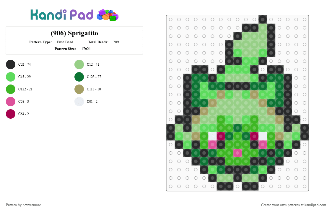 (906) Sprigatito - Fuse Bead Pattern by nevvermore on Kandi Pad - teal,green,sprigatito,pokemon,starter pokemon,grass pokemon,paldea,gen 9