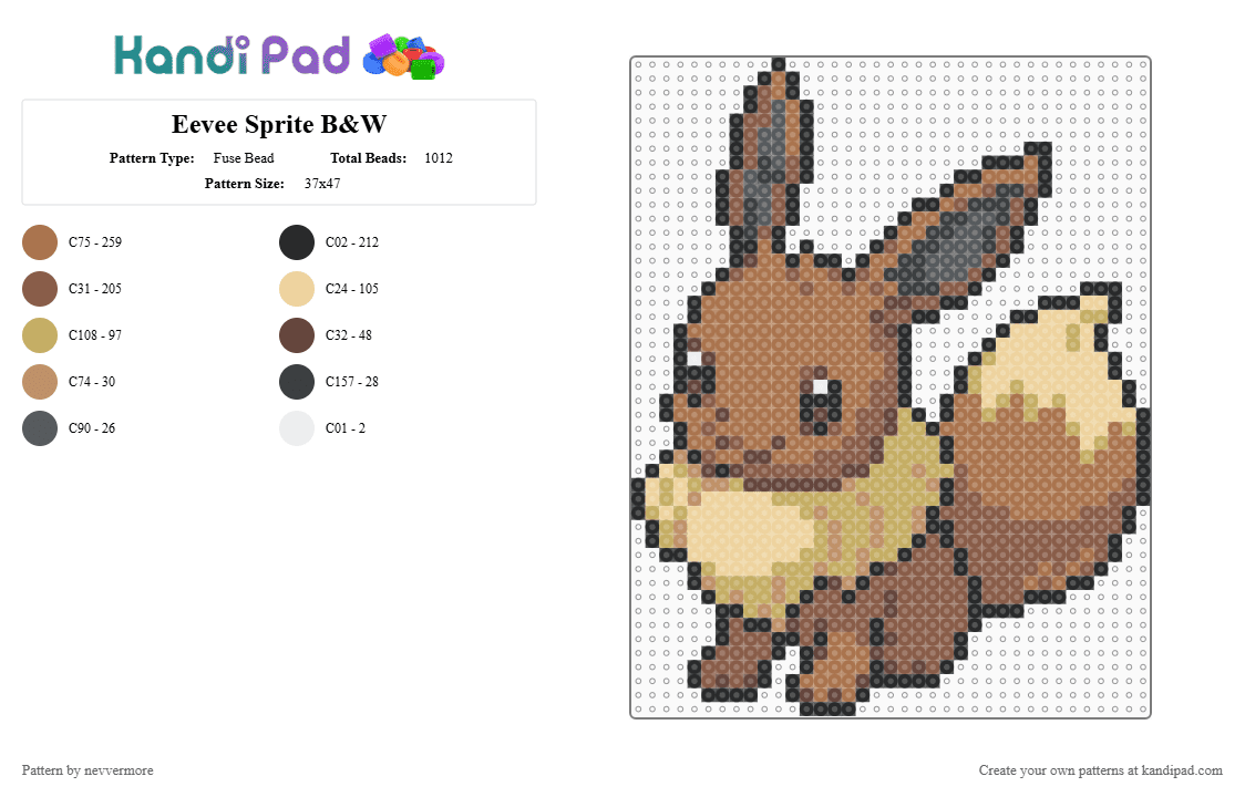 Eevee Sprite B&W - Fuse Bead Pattern by nevvermore on Kandi Pad - tan,beige,eevee,sprite,pokemon
