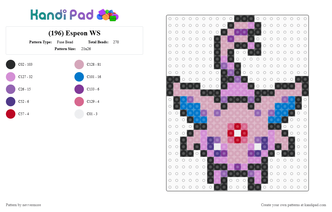 (196) Espeon WS - Fuse Bead Pattern by nevvermore on Kandi Pad - pink,espeon,pokemon,eeveelution,psychic pokemon,gen 2,johto