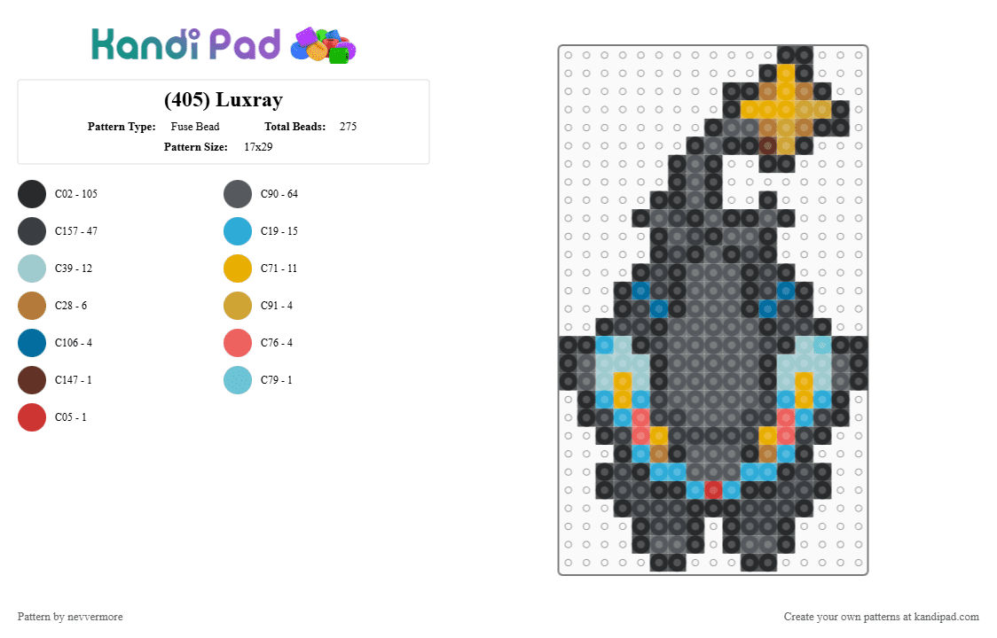 (405) Luxray WS - Fuse Bead Pattern by nevvermore on Kandi Pad - black,gray,light blue,luxray,pokemon,electric pokemon,gen 4,sinnoh,cat