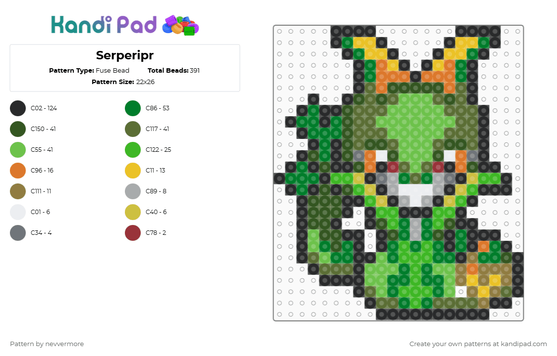(497) Serperipr WS - Fuse Bead Pattern by nevvermore on Kandi Pad - green,gold,serperior,pokemon,grass pokemon,starter pokemon,gen 5,unova