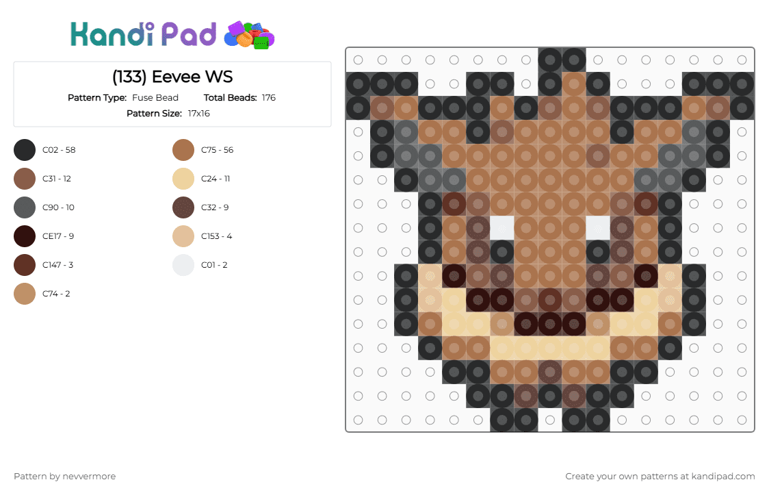 (133) Eevee WS - Fuse Bead Pattern by nevvermore on Kandi Pad - tan,eevee,pokemon,kanto,gen 1,normal pokemon