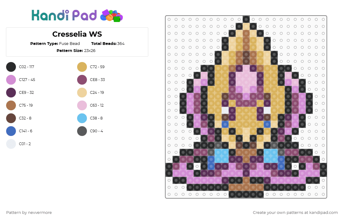(488) Cresselia WS - Fuse Bead Pattern by nevvermore on Kandi Pad - orange,pink,cresselia,legendary,pokemon,psychic pokemon,gen 4