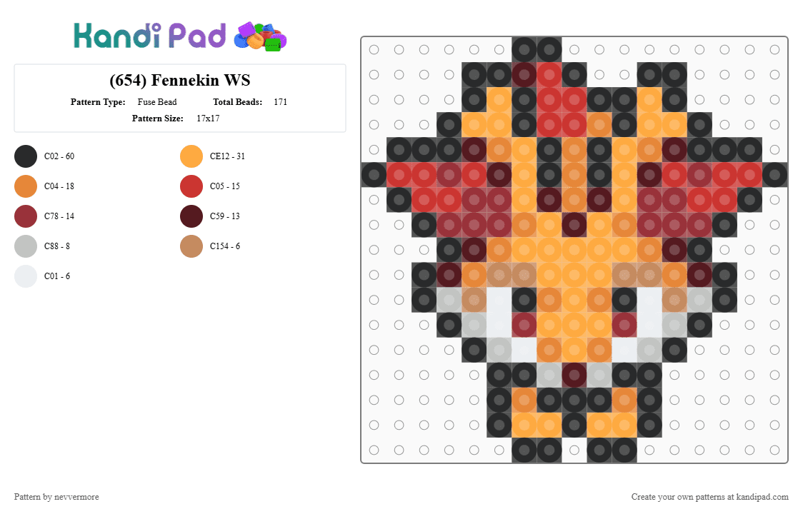 (654) Fennekin WS - Fuse Bead Pattern by nevvermore on Kandi Pad - red,orange,fennekin,pokemon,starter pokemon,fire pokemon,kalos,gen 6