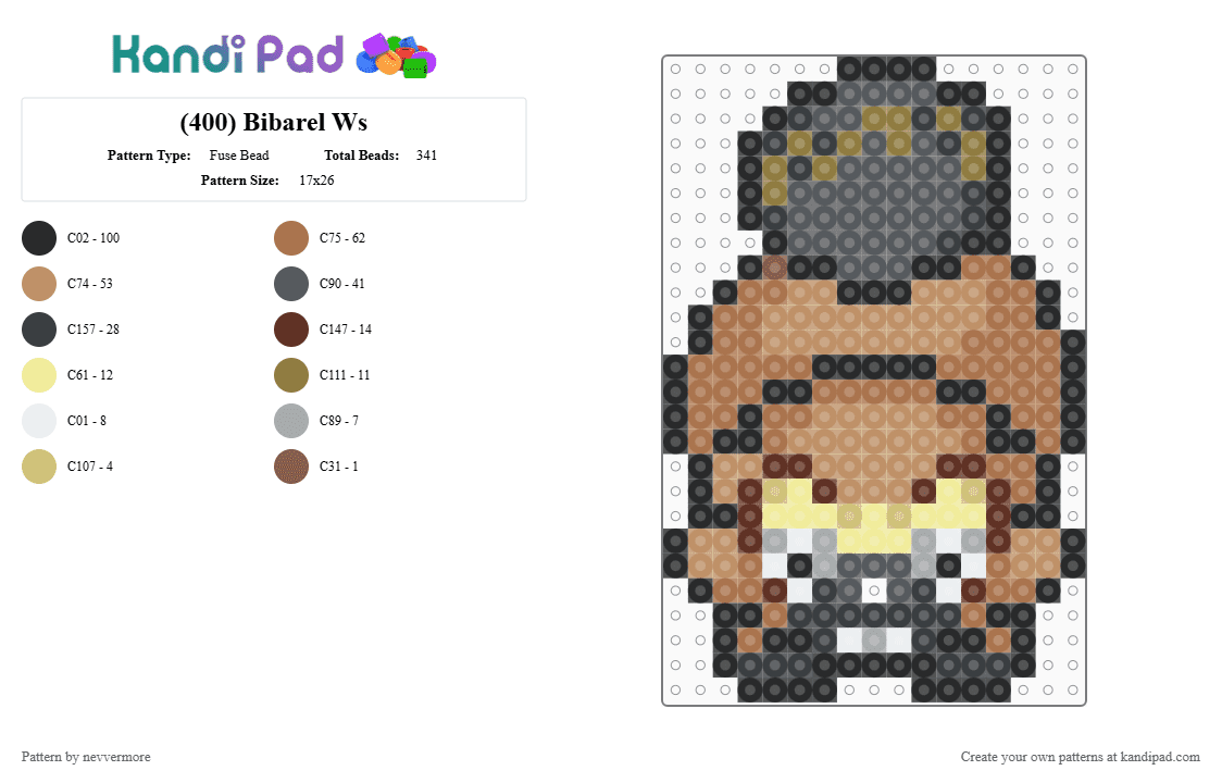 (400) Bibarel Ws - Fuse Bead Pattern by nevvermore on Kandi Pad - gray,tan,pokemon,bibarel,normal pokemon,sinnoh,gen 4,water pokemon