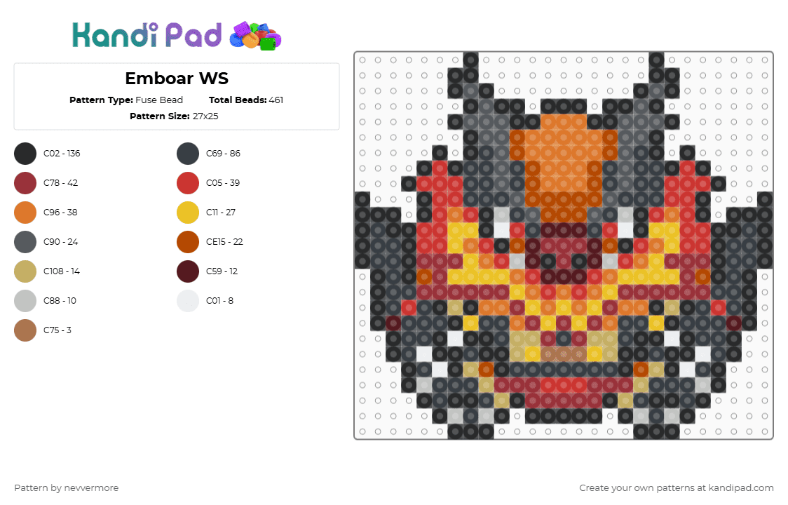 (500) Emboar WS - Fuse Bead Pattern by nevvermore on Kandi Pad - black,orange,red,emboar,pokemon,fire pokemon,fighting pokemon,starter pokemon,unova,gen 5