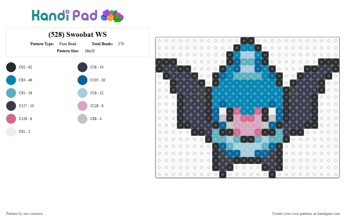 (528) Swoobat WS - Fuse Bead Pattern by nevvermore on Kandi Pad - light blue,purple,swoobat,pokemon,psychic pokemon,flying pokemon,gen 5