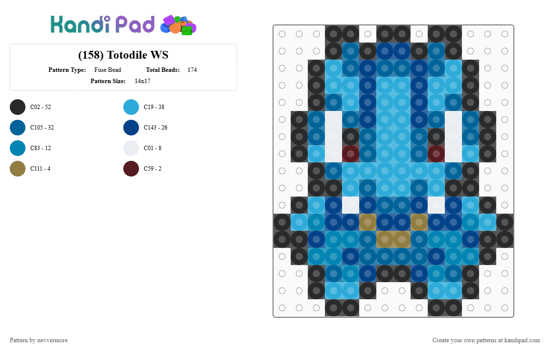 (158) Totodile WS - Fuse Bead Pattern by nevvermore on Kandi Pad - blue,light blue,totodile,pokemon,water pokemon,starter pokemon,gen 2,johto