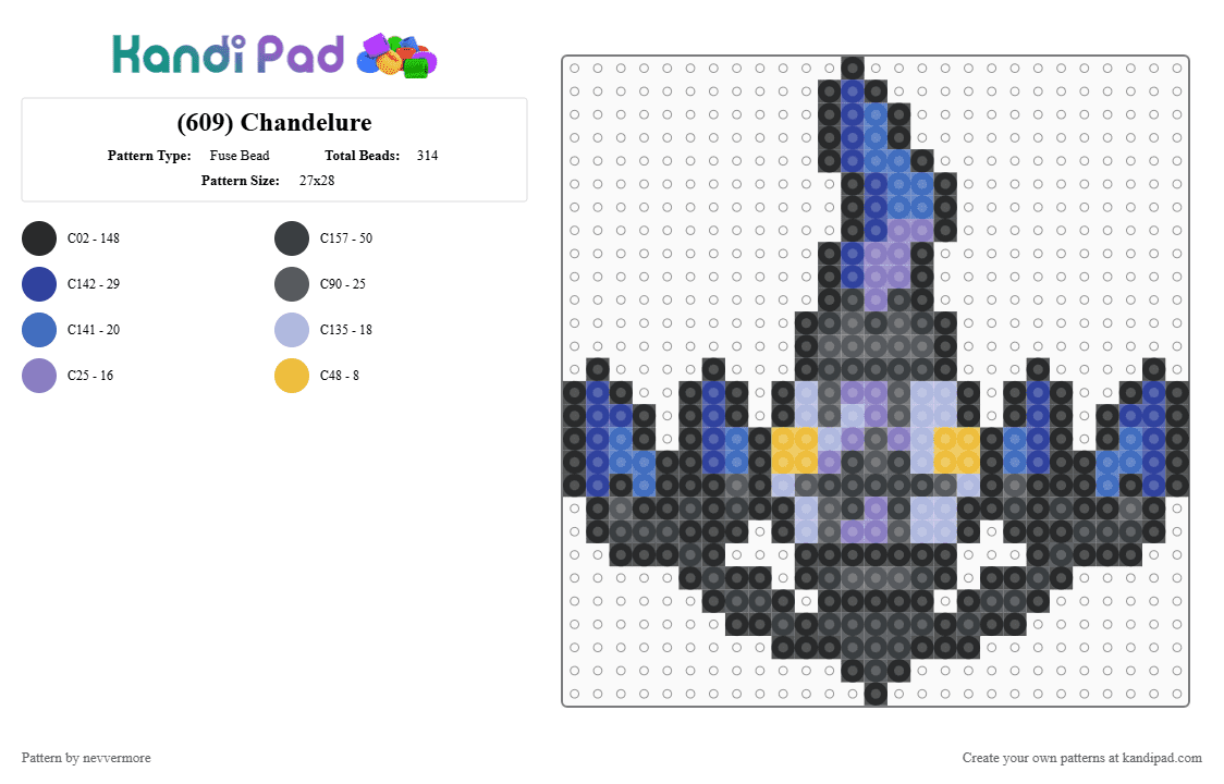 (609) Chandelure - Fuse Bead Pattern by nevvermore on Kandi Pad - black,pink,purple,gray,ghost pokemon,fire pokemon,gen 5,pokemon,unova