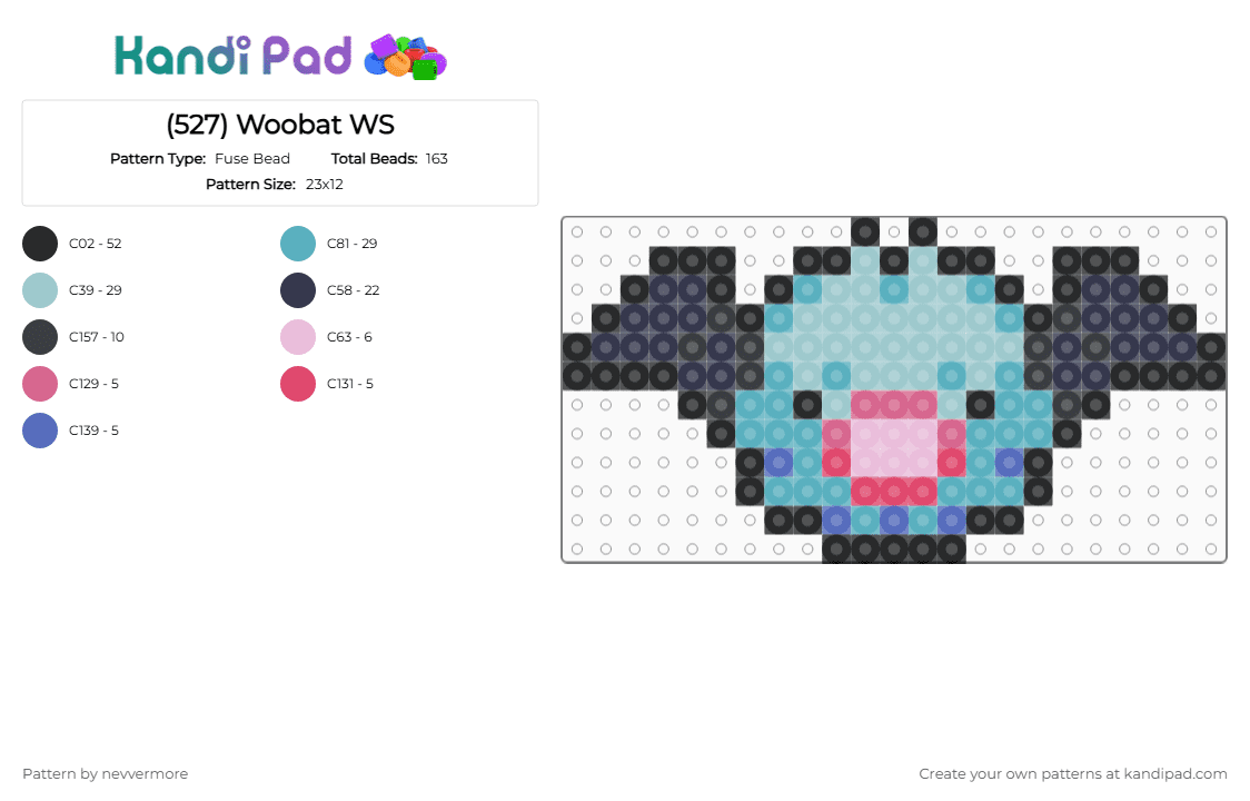 (527) Woobat WS - Fuse Bead Pattern by nevvermore on Kandi Pad - purple,teal,light blue,pokemon,flying pokemon,psychic pokemon,unova,gen 5