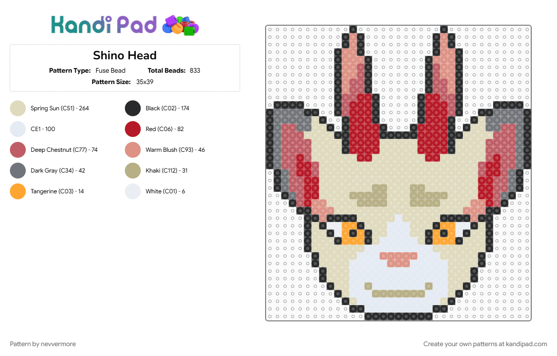 Shino Head - Fuse Bead Pattern by nevvermore on Kandi Pad - animal crossing, animal crossing villager, beige, red, shino