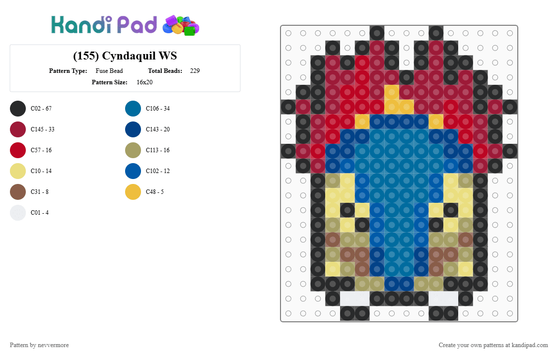 (155) Cyndaquil WS - Fuse Bead Pattern by nevvermore on Kandi Pad - blue,red,cyndaquil,pokemon,fire pokemon,starter pokemon,gen 2,johto
