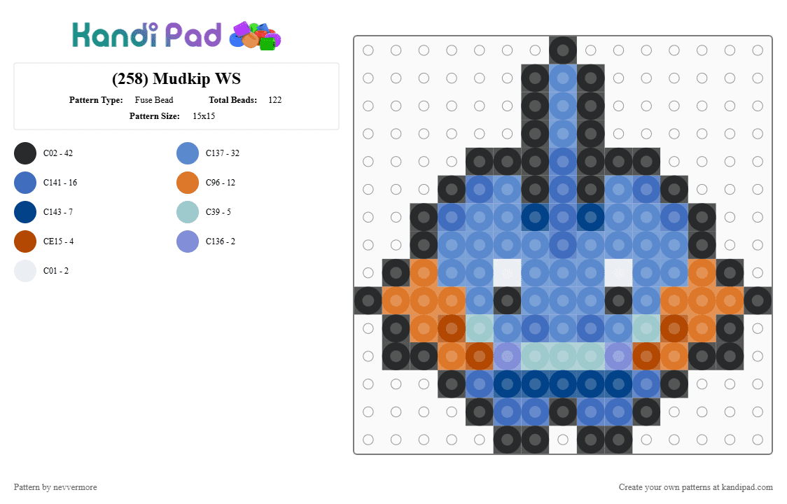 (258) Mudkip WS - Fuse Bead Pattern by nevvermore on Kandi Pad - blue,mudkip,pokemon,water pokemon,starter pokemon,gen 3,hoenn