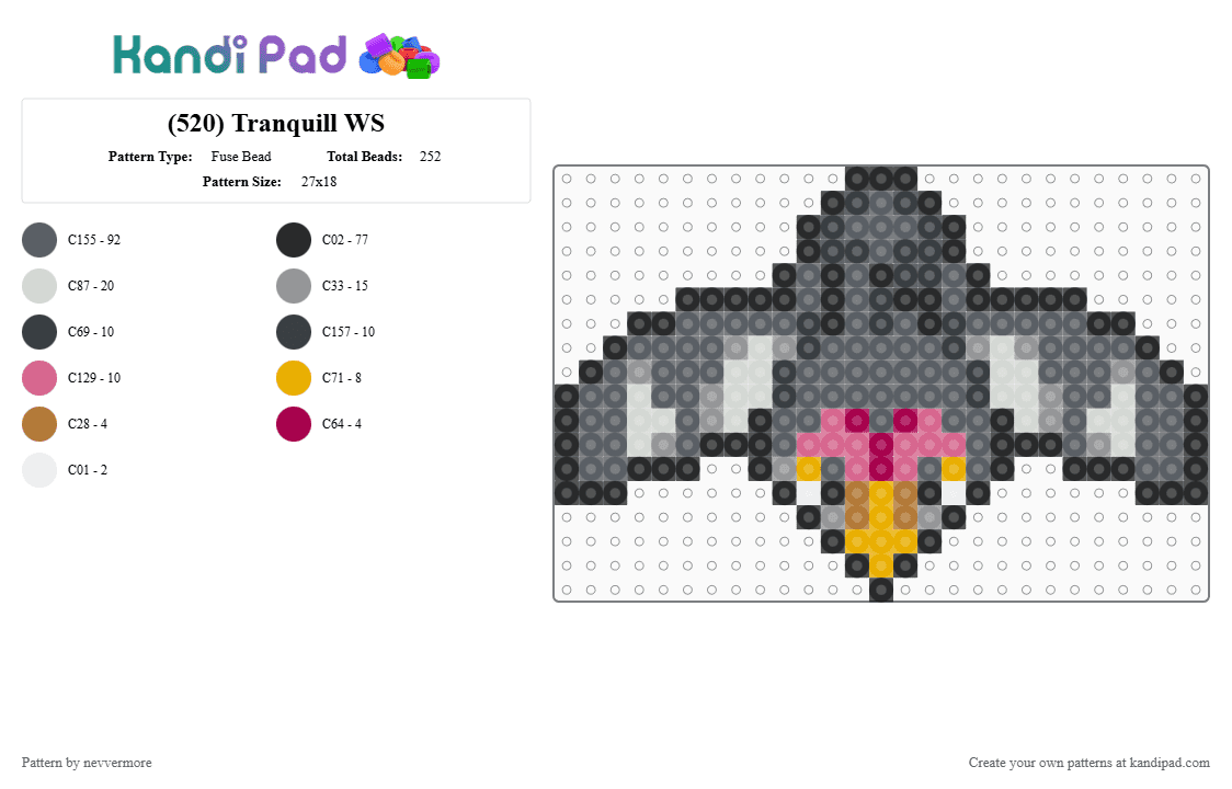 (520) Tranquill WS - Fuse Bead Pattern by nevvermore on Kandi Pad - gray,tranquil,pokemon,gen 5,unova,flying pokemon,bird,normal pokemon