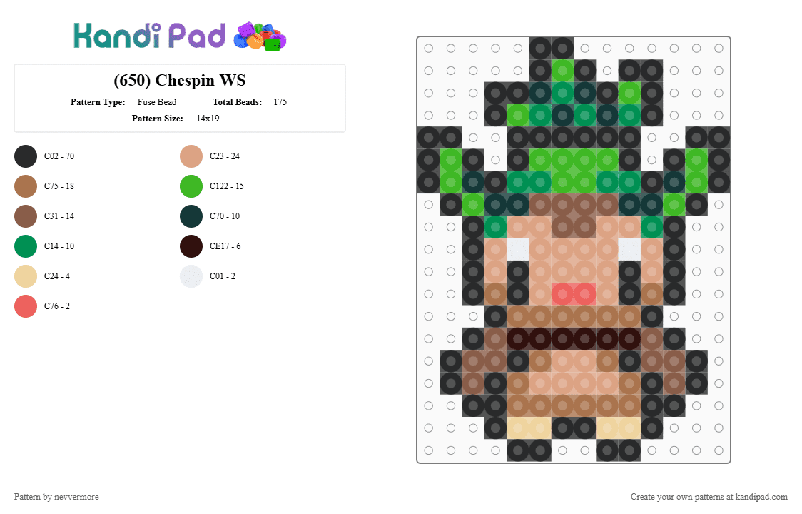 (650) Chespin WS - Fuse Bead Pattern by nevvermore on Kandi Pad - black,green,tan,beige,grass pokemon,chespin,starter pokemon,gen 6,kalos