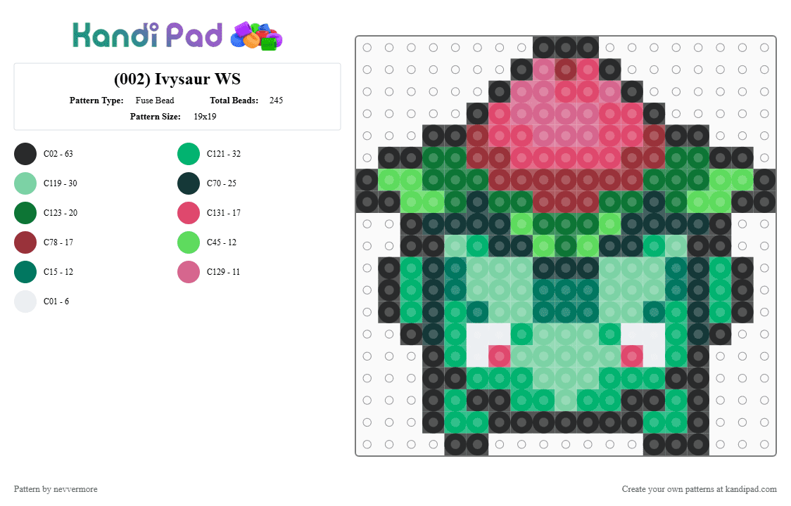 (002) Ivysaur WS - Fuse Bead Pattern by nevvermore on Kandi Pad - teal,green,pokemon,ivysaur,gen 1,kanto,poison pokemon,grass pokemon