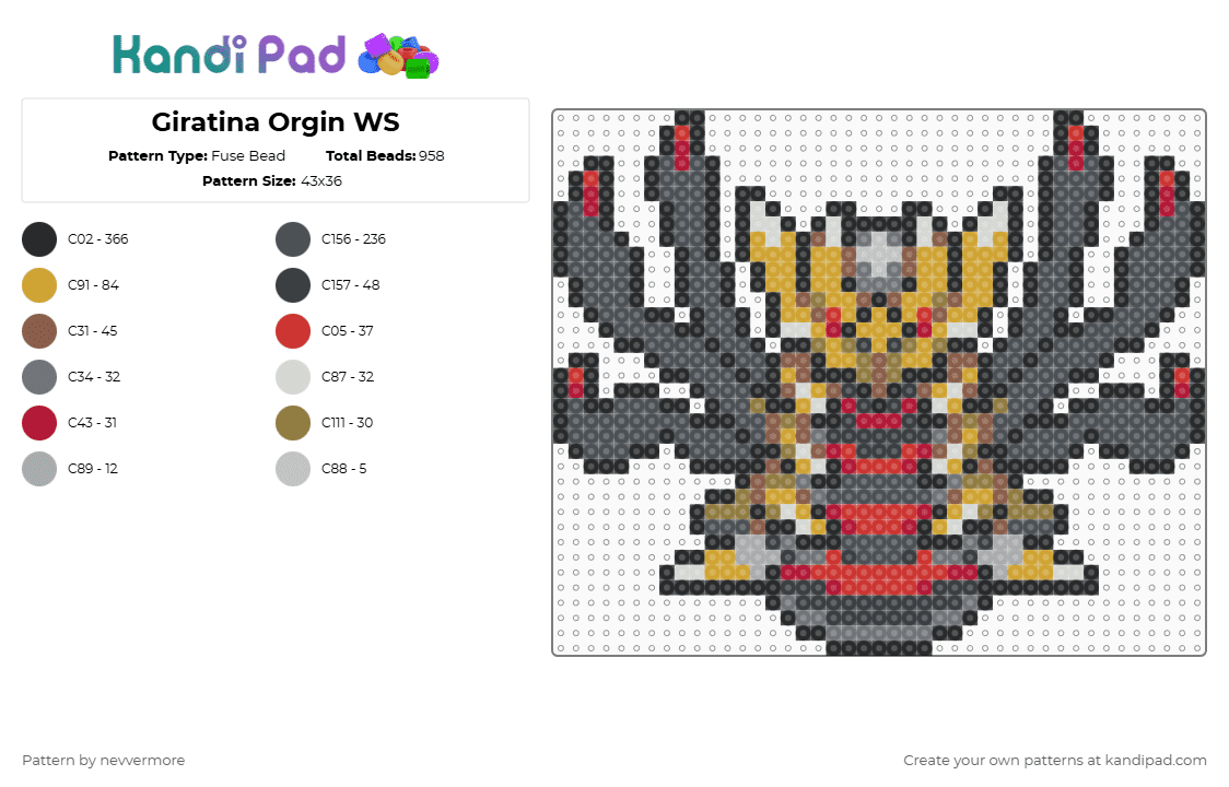 (487) Giratina Orgin WS - Fuse Bead Pattern by nevvermore on Kandi Pad - black,red,orange,purple,girantina,legendary,pokemon,ghost pokemon,dragon pokemon,sinnoh,gen 4